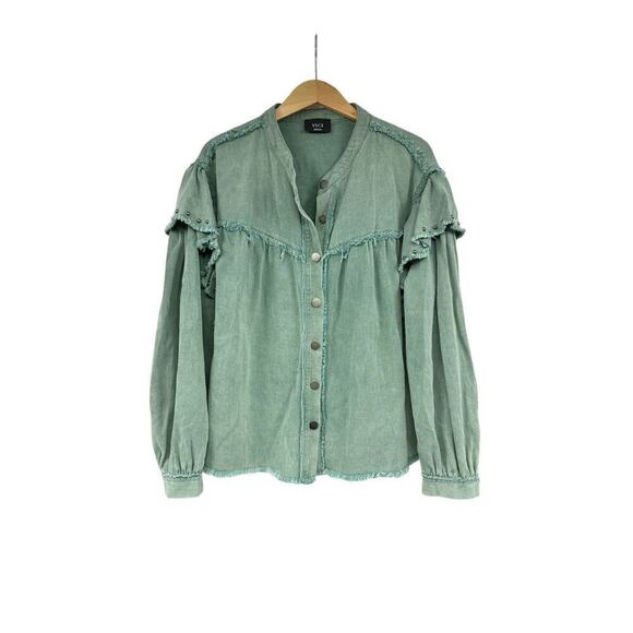 Vici Collection Green Stuffed Ruffle Shoulder Oversized Shacket Jacket Womens M - Picture 3 of 11